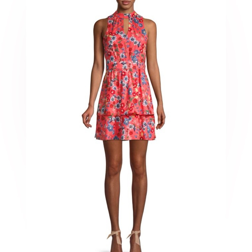 Floral coral dress with high neck